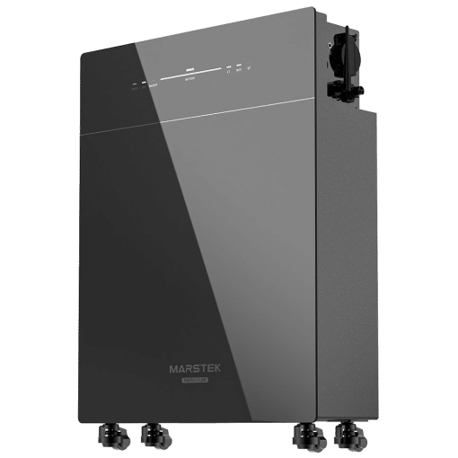 Marstek EnergyCube thuisbatterij met geïntegreerde wieltjes en LED-statusindicatoren, schuin van voren weergegeven
