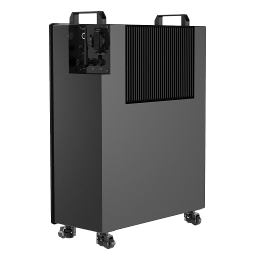 Schuin achteraanzicht van de Marstek EnergyCube Venus 2.0 thuisbatterij met aansluitpaneel en koelribben