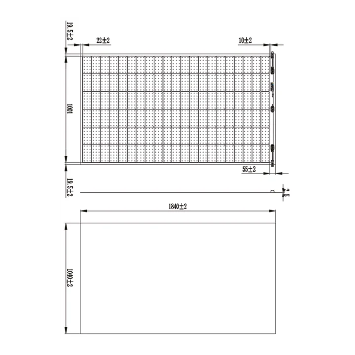 Technische maattekening Sunport Power SPP375QHES flexibel zonnepaneel 1840x1040x2,5 mm